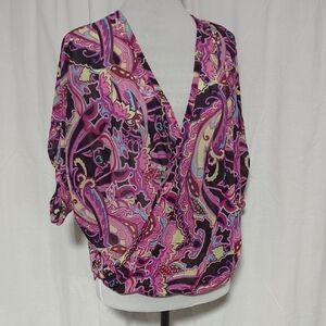 Jennifer Lopez Pink and Black Wrap Blouse 3/4 Sleeve